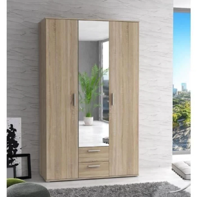 Armoire 3 portes battantes avec 1 miroir + 2 tiroirs - Décor chene Sonoma - L 121 x P 54 x H 200,1 cm - SELKEÄ