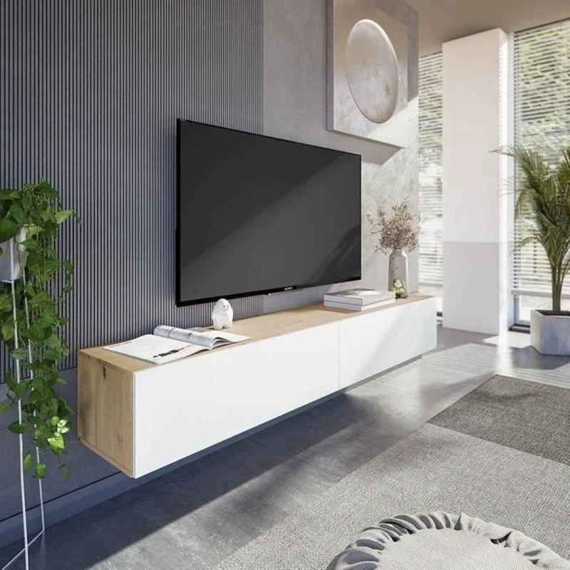 Meuble TV suspendu - L 180X P 28X H 35 cm KAWAY - Décor blanc et chene - 2 Portes abattantes