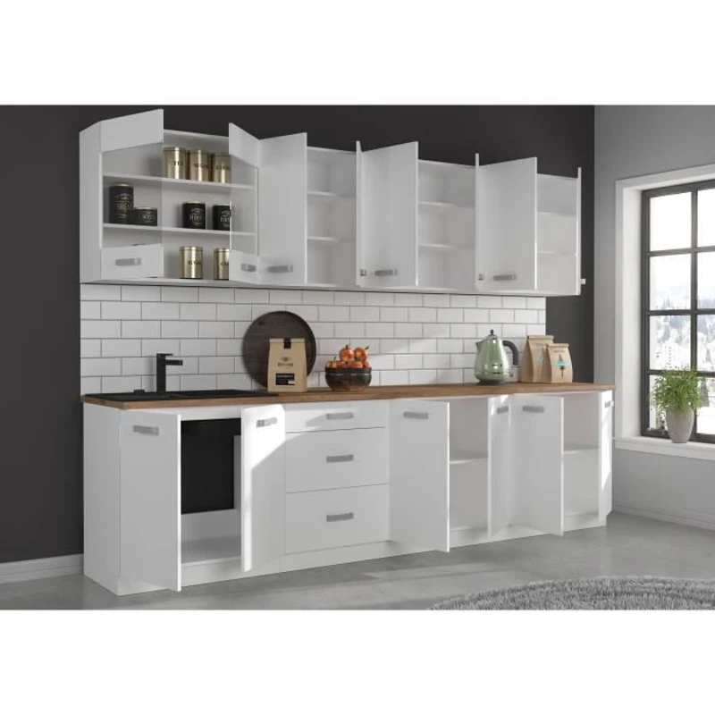 ATLAS Cuisine complete d'angle 8 éléments (reversible droit / gauche) - Décor blanc - L270 cm - Plan de travail non inclus