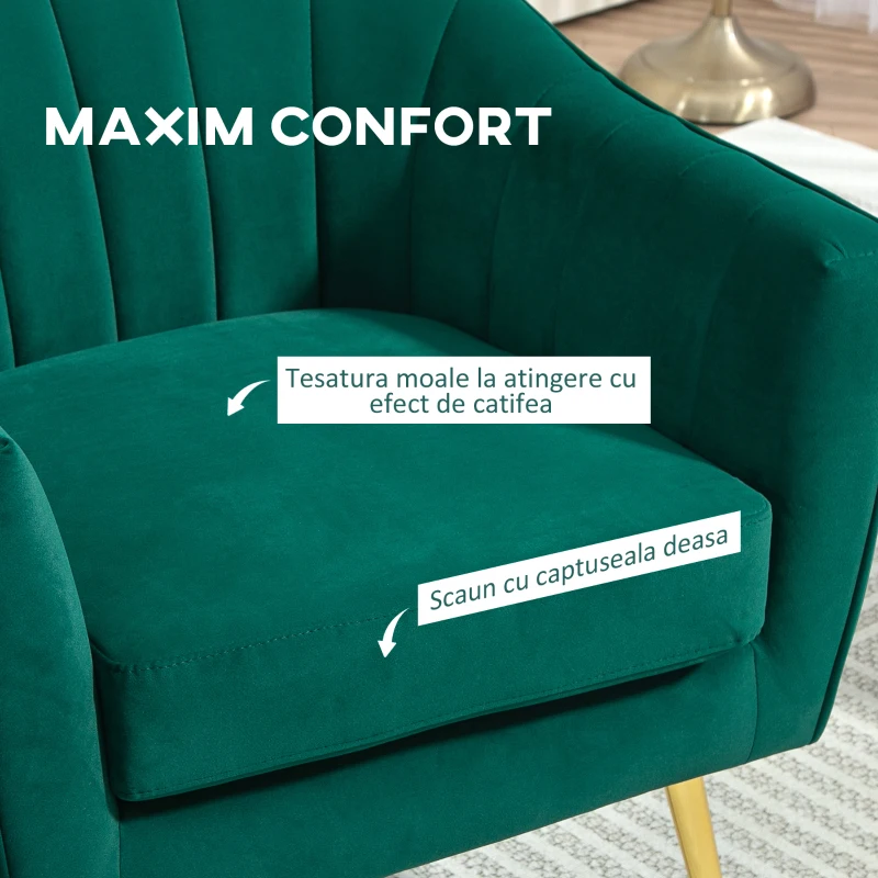 HOMCOM Fotoliu Catifea Verde – Picioare Auriu Metal, Stil Elegant