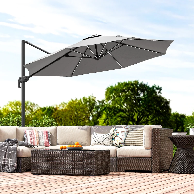 Outsunny 3(m) Adjustable Cantilever Parasol with Base, Solar LED Lights, Light Grey