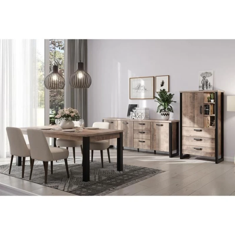 Buffet EMILE - Mélamine chene brun tabac et noir mat - 3 Portes + 3 Tiroirs - L214 x P45 x H86 cm - TRENDTEAM