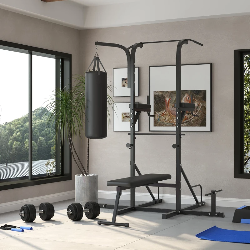 HOMCOM Station de musculation Fitness entrainement complet - barre de traction, à dips, banc de musculation pliable, poignées push-up, sac de frappe - acier noir