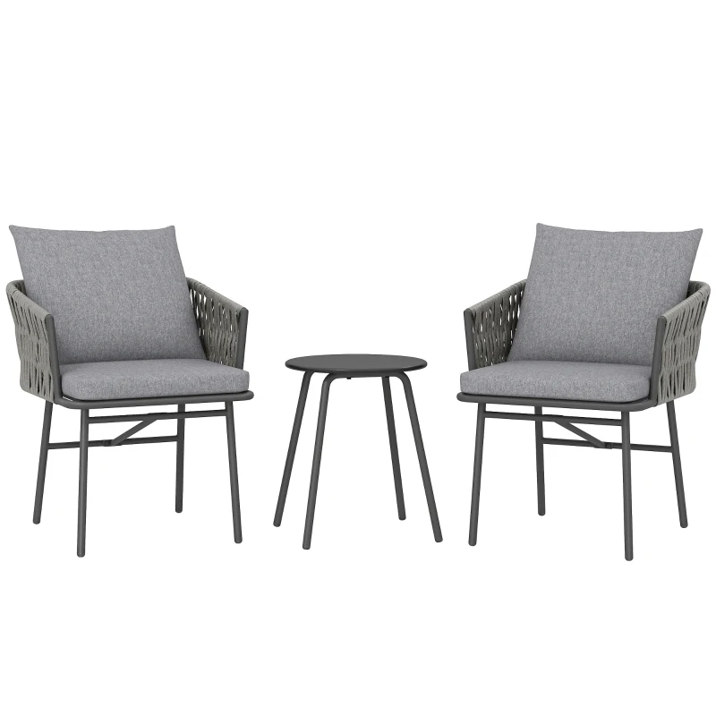 Outsunny 3-teiliges Außenmöbel-Set, 2 Stühle, 1 Tisch, Bistro-Set, Kunst-Rattan, Stahlrahmen, Metalltisch, 4 Kissen, Grau