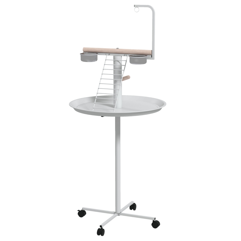 PawHut Mangeoire à oiseaux sur pied avec 4 roulettes perchoir 2 bols amovibles plateau rond acier inoxydable Ø 60 x 138H cm blanc
