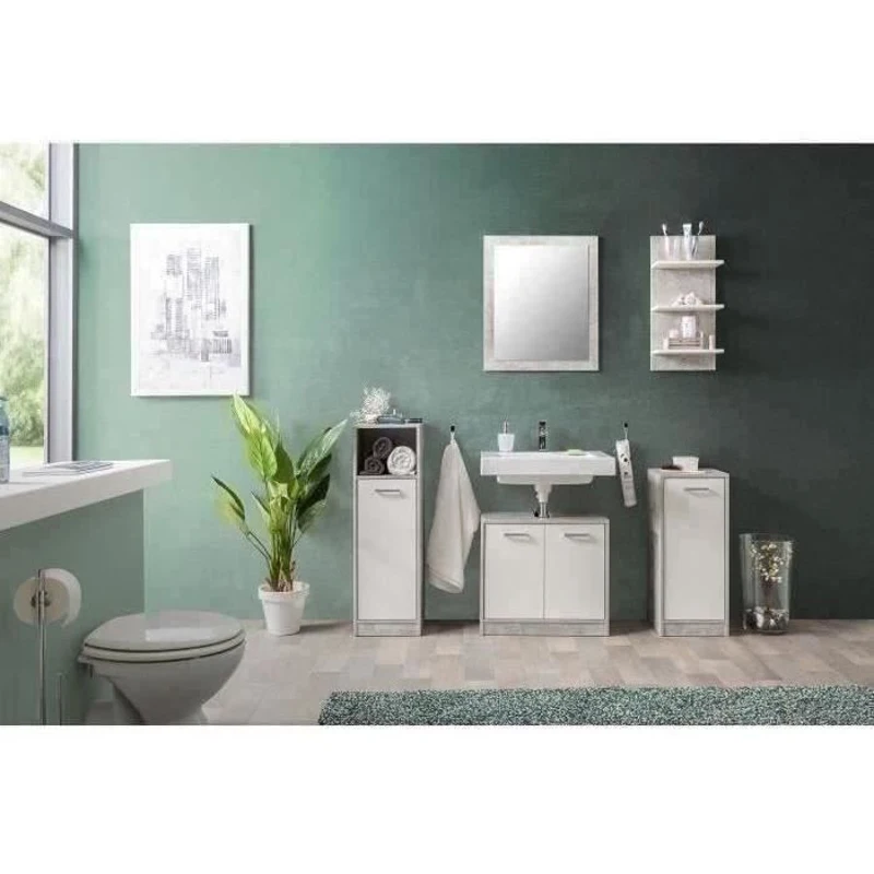 Salle de bain complete - Blanc et gris béton - 1 meuble sous lavabo + 1 étagere + 2 rangements bas - MADEIRA