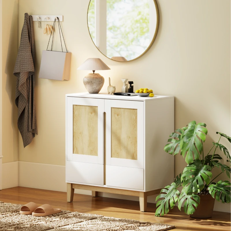 HOMCOM Buffet, Aufbewahrungsmöbel mit 2 Türen, 2 Schubladen und verstellbarem Regal, 80 x 40 x 86 cm, Weiß und Eiche