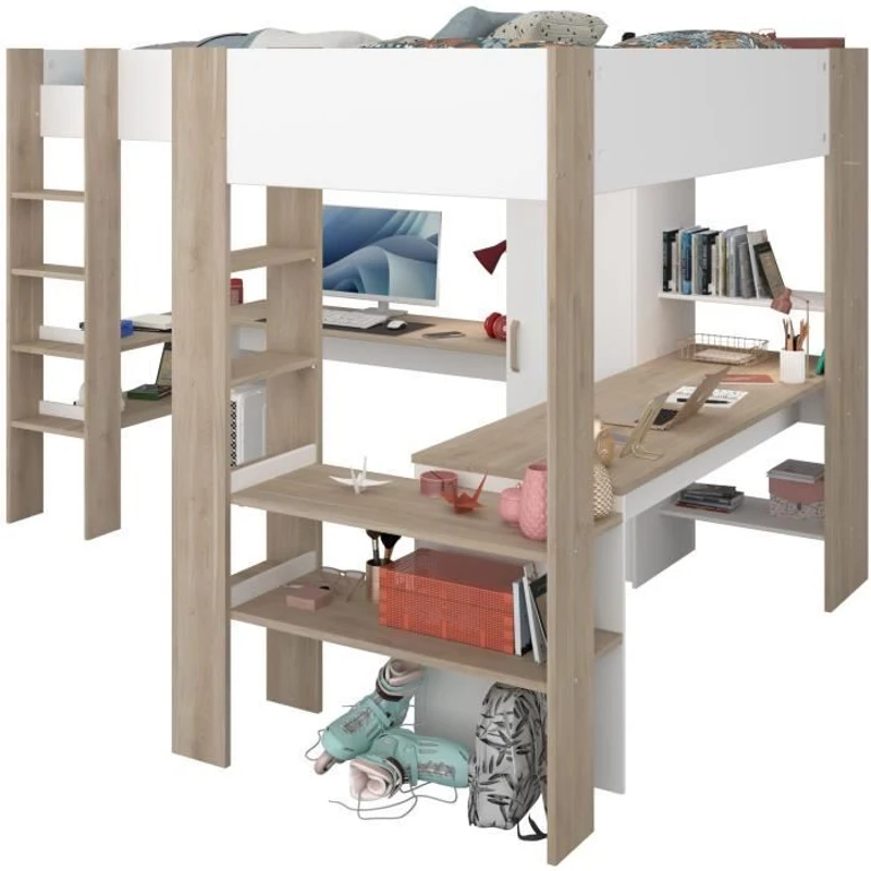 Lit double mezzanine combiné enfant ALEXANDRA avec 2 bureaux et rangements - 2x90x200 cm - Blanc/Chene - Sommiers inclus - PARISOT
