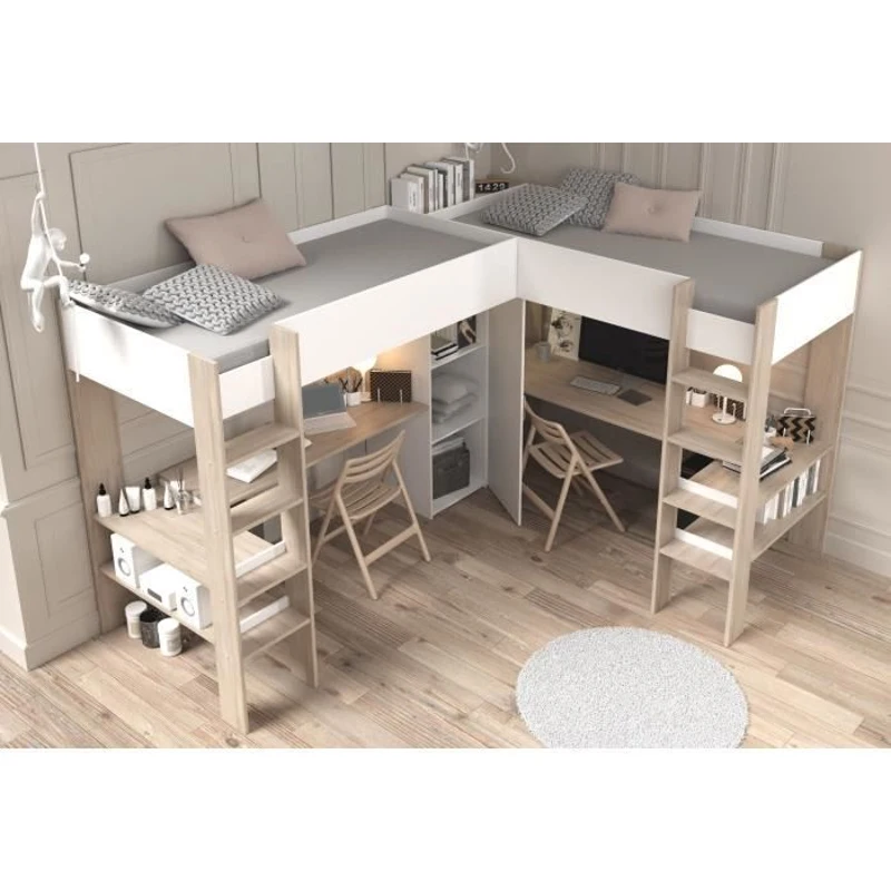 Lit double mezzanine combiné enfant ALEXANDRA avec 2 bureaux et rangements - 2x90x200 cm - Blanc/Chene - Sommiers inclus - PARISOT
