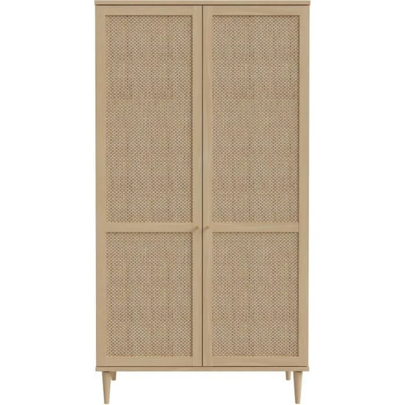 Armoire de chambre - 2 portes battantes - Décor Chene - Cannage - L110 x H208 x P54 cm - CALASETTA