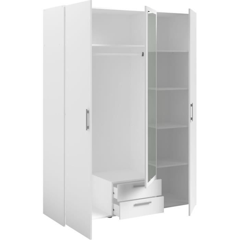Armoire VARIA - Décor blanc - 3 portes  + 2 tiroirs + miroir - L 150 x H 200 x 51 cm