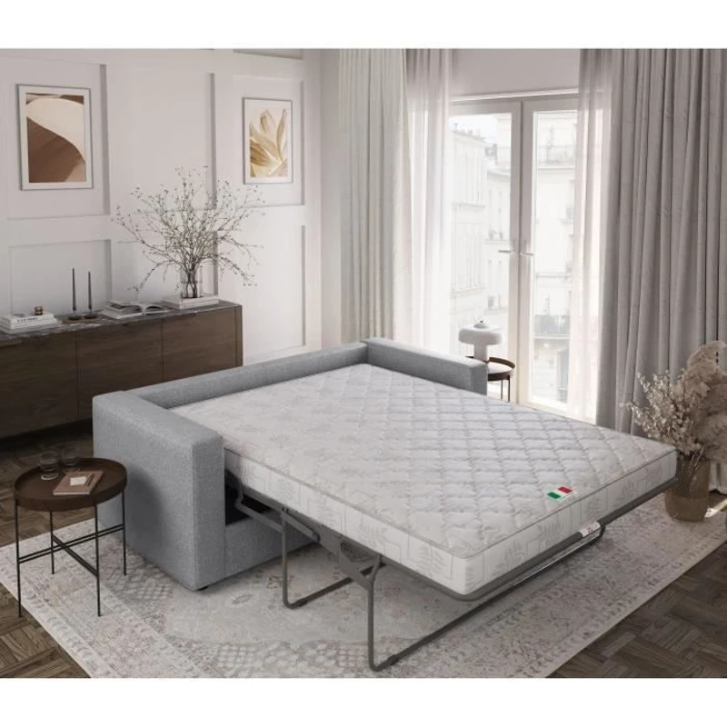 Canapé 3 places - Delta - Tissu Gris Clair - Convertible semi-express matelas 13cm - 190 x 92 x 90 cm