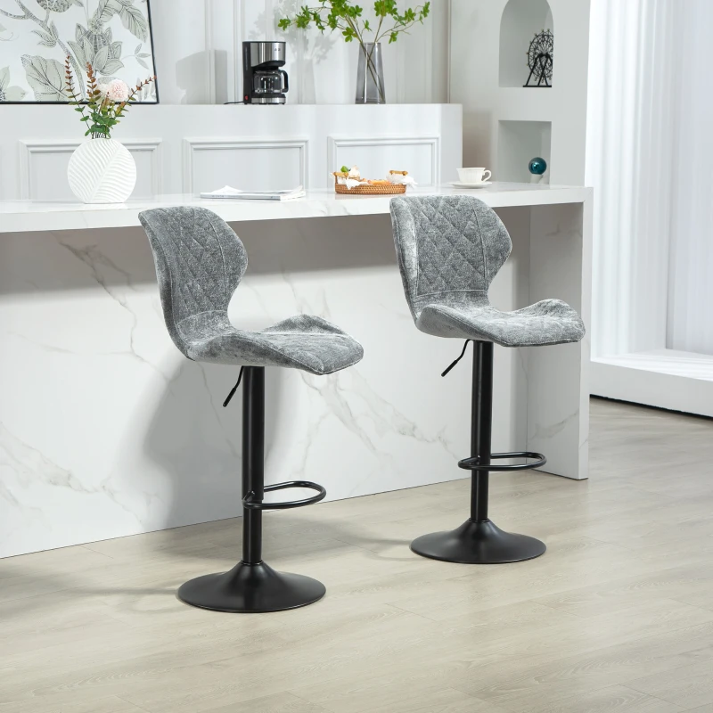 HOMCOM Set van 2 Barkrukken, Verstelbare Keukenkrukken met Rugleuning, Gaslift, Voetensteun, Draaibaar, Grijs