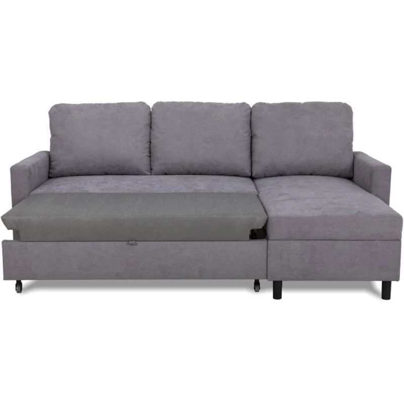 Canapé d'angle convertible - 4 places - AYA - Tissu Gris - Coffre - 212 x 144 x 87 cm