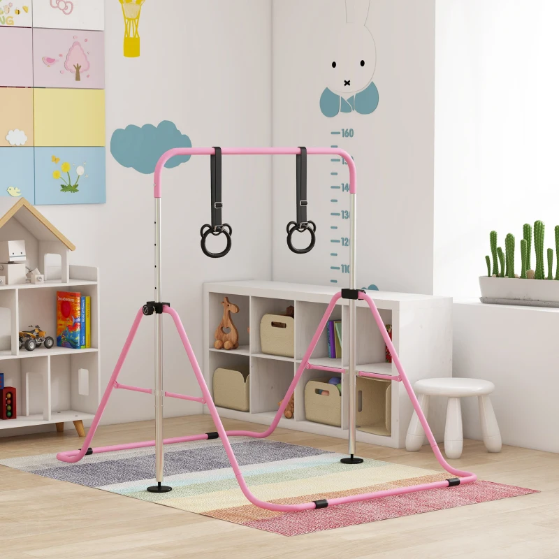 HOMCOM Kinderturnbar met Ringen, Hoogteverstelbaar, Opvouwbaar, Antislip, Stalen Frame, 148x105x88-128 cm, Roze(m-10)