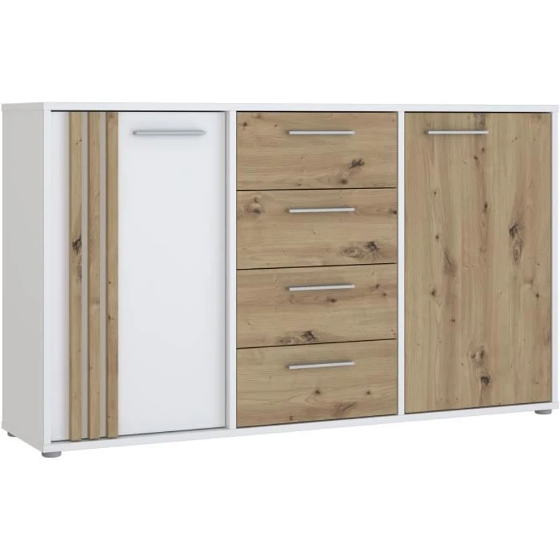 Buffet CARDIGAN 2 portes, 4 tiroirs - Décor chene artisan et blanc - L142,6 x P34,2 x H82,3 cm - Poignées en métal effet aluminium