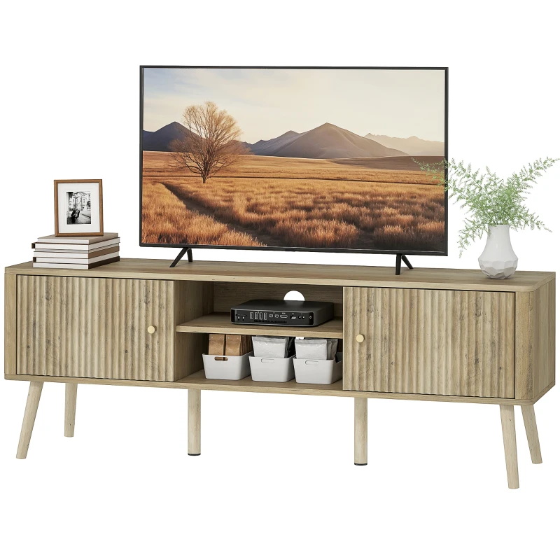 HOMCOM TV-Möbel, TV-Möbel bis 65 Zoll mit 2 Türen, 2 offenen Fächern, verstellbarer Regal, 140x35x49cm, Eiche