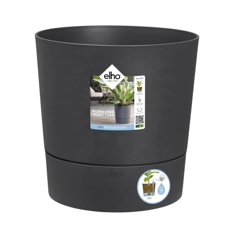 ELHO Pot de fleur Rond Greensense Aqua Care - Ø 29,,5 x H 29,1 cm - 15 L - Gris Charbon