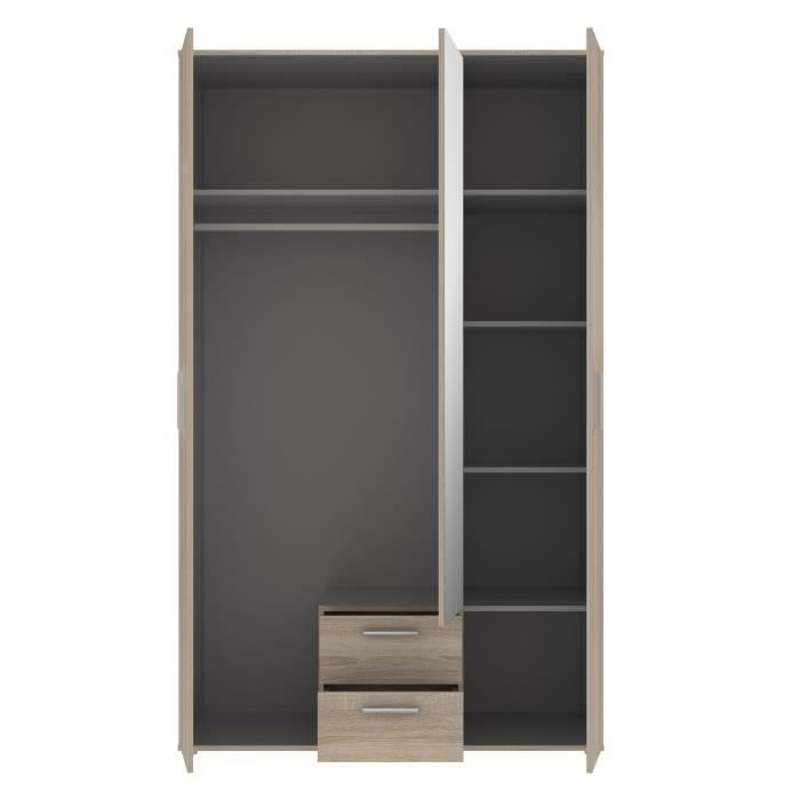 Armoire 3 portes battantes avec 1 miroir + 2 tiroirs - Décor chene Sonoma - L 121 x P 54 x H 200,1 cm - SELKEÄ