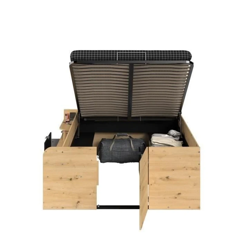 ODYSSEE Lit coffre adulte - 140x190 / 200 cm - Avec coffre relevable - Décor chene et noir - 166,2 x 66,5 x 205,8 cm