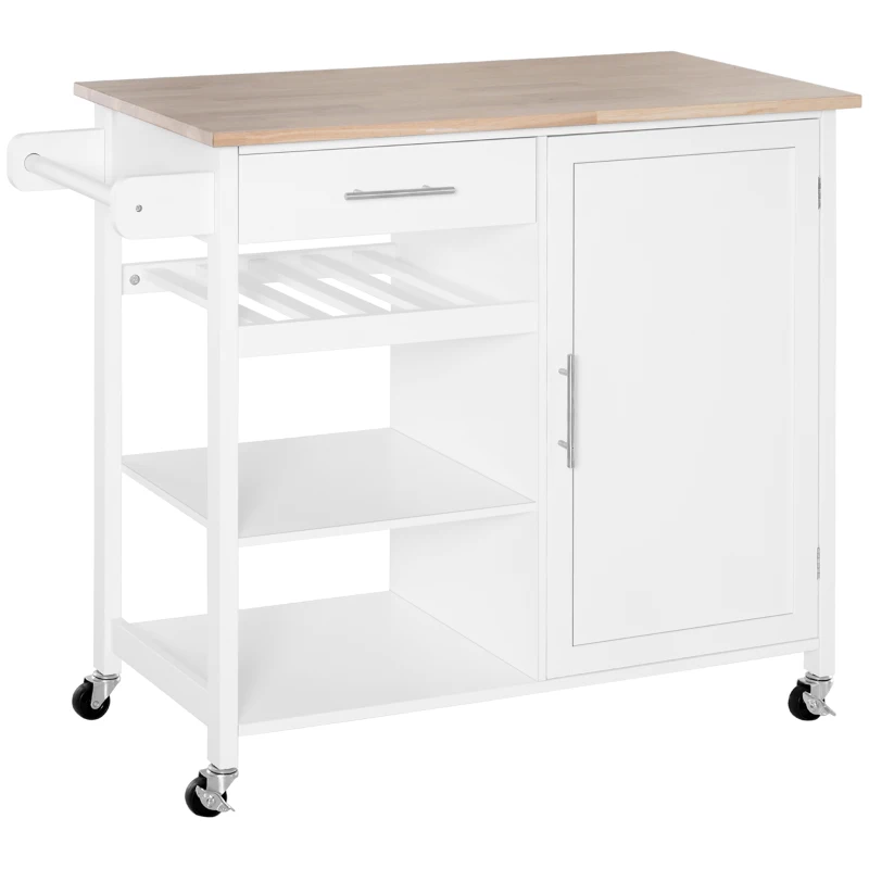 HOMCOM Küchenwagen, Servierwagen mit Schblade und Handtuchhalter, Küchenschrank, Rollwagen, Küchentrolley, Weiß, 105 x 45 x 89 cm