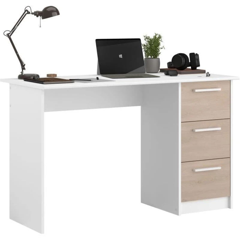 Bureau droit ESSENTIEL - 3 tiroirs - Décor chene et blanc - L 121,2 x P 55 x H 74,5 cm - PARISOT