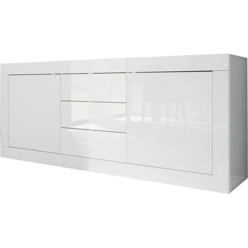 Buffet BASICO 2 Portes 3 Tiroirs Blanc Laqué brillant - L210xP42xH85,8 cm