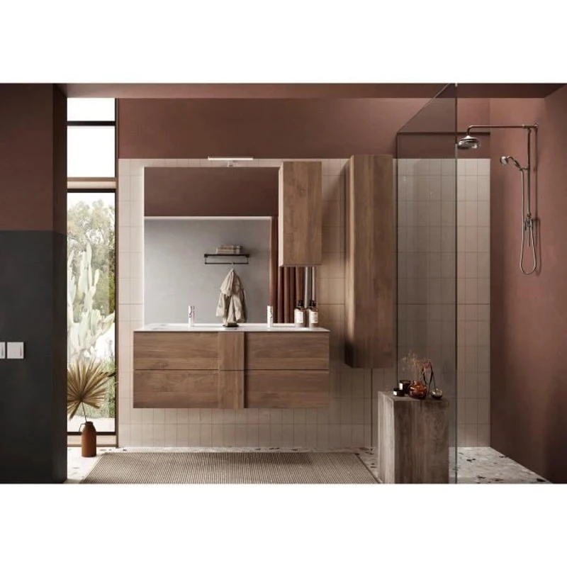 Meuble suspendu double vasque - 2 tiroirs -  L120 x H53 x P47cm - Coloris chene mercure - Style scandinave - JUNE
