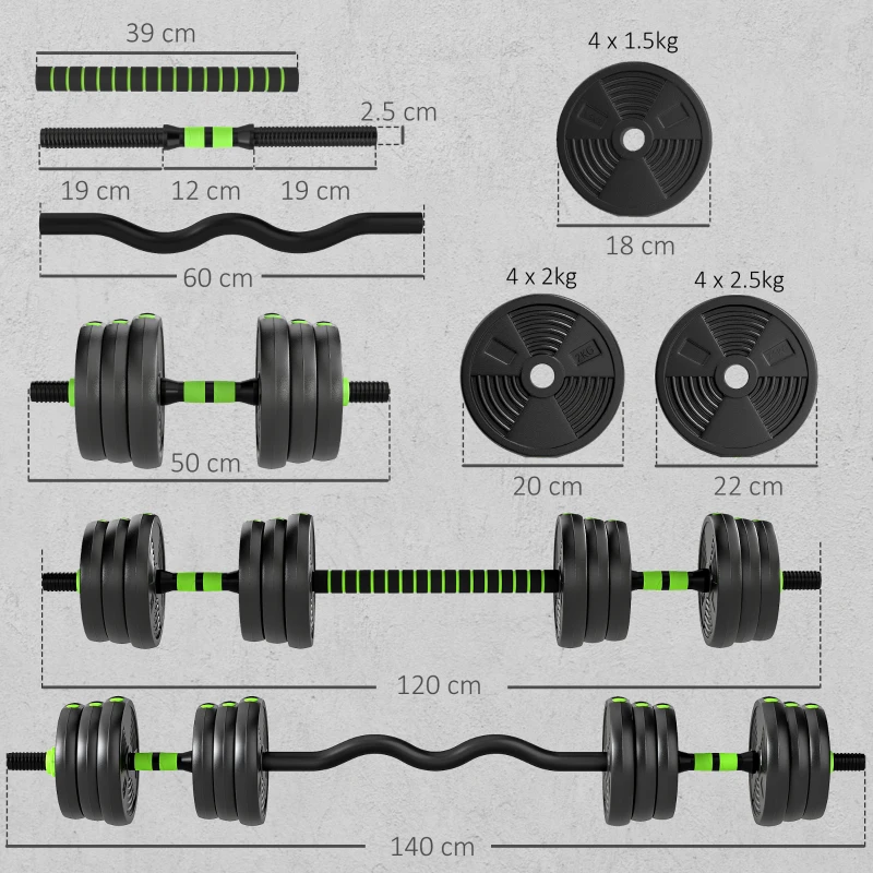 SPORTNOW Set di pesi regolabili da 25 KG 2 in 1, Nero e Verde