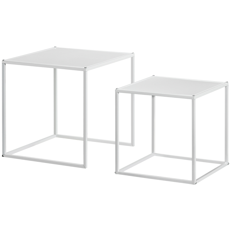 HOMCOM Lot de 2 tables basses gigognes, lot de 2 tables gigognes de salon, modulables, en acier, style industriel, blanc mat