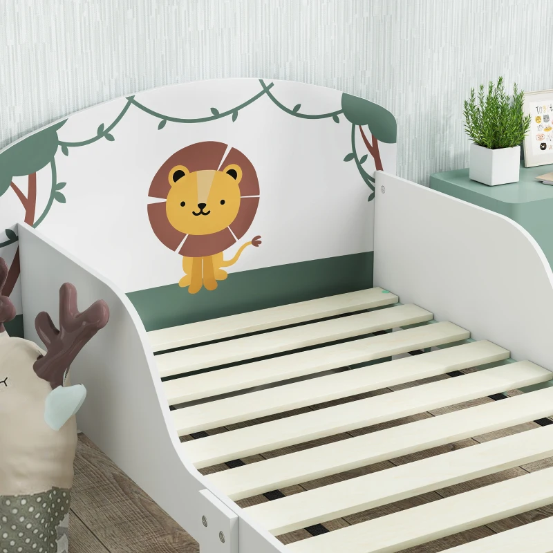AIYAPLAY Cama Infantil para Crianças +3 Anos 70x140 cm em Madeira com Armazenamento e Desenho de Leão para Quarto Verde