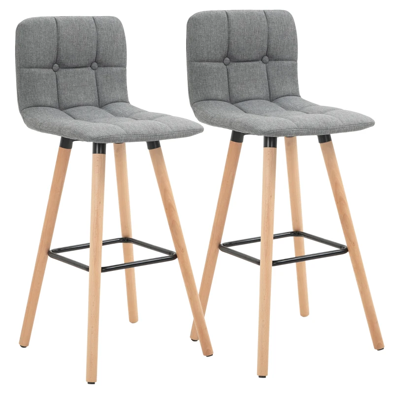 HOMCOM Juego de 2 taburetes de bar, taburetes de bar acolchados con respaldo y reposapiés, patas de madera, 41,5x47x97,5cm, gris