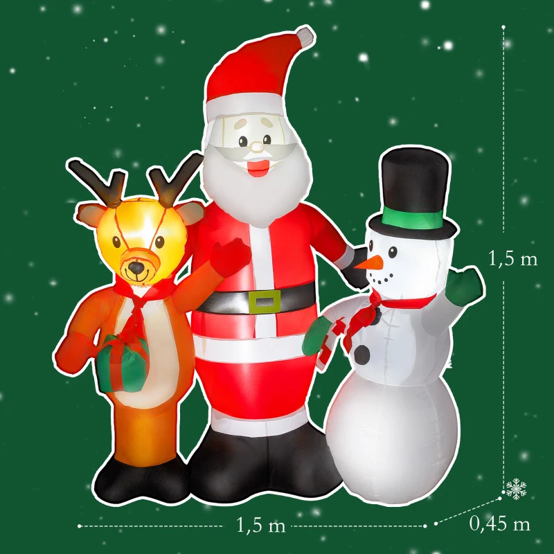 Outsunny Père Noël Gonflable 150 cm avec Renne et Bonhomme de neige Lumières LED et Gonfleur Électrique pour Jardin Extérieur Pelouse