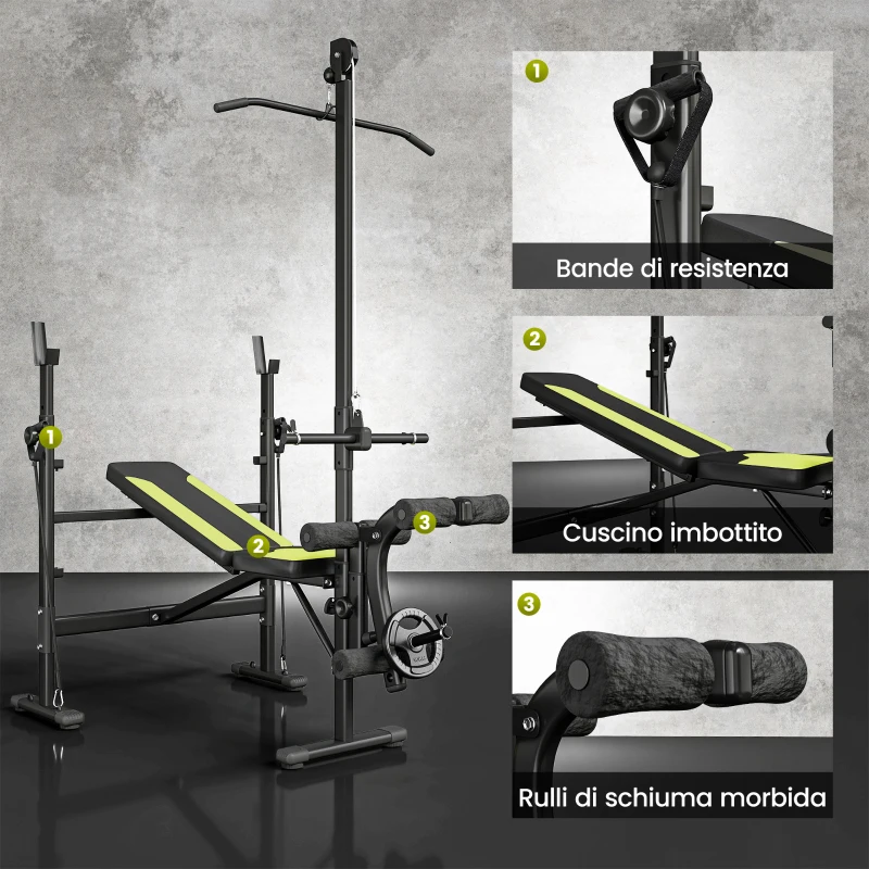 HOMCOM Panca Multifunzione Stazione Fitness con Schienale Regolabile su 3 Livelli, Supporto Gambe e Barra Superiore, 175x110x202cm, Nero