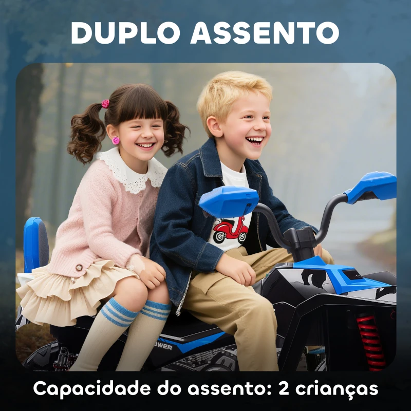 AIYAPLAY Quadricilo Elétrico para Crianças 24V com 2 Lugares 2 Motores Velocidade até 6,5 km/h Faróis Buzina Música e USB 109x68,5x76 cm Azul