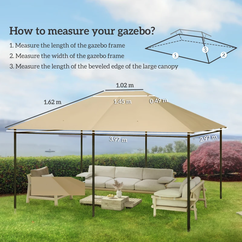 Outsunny 3 x 4m Gazebo Canopy Replacement Cover, Gazebo Roof Replacement (TOP COVER ONLY), Khaki