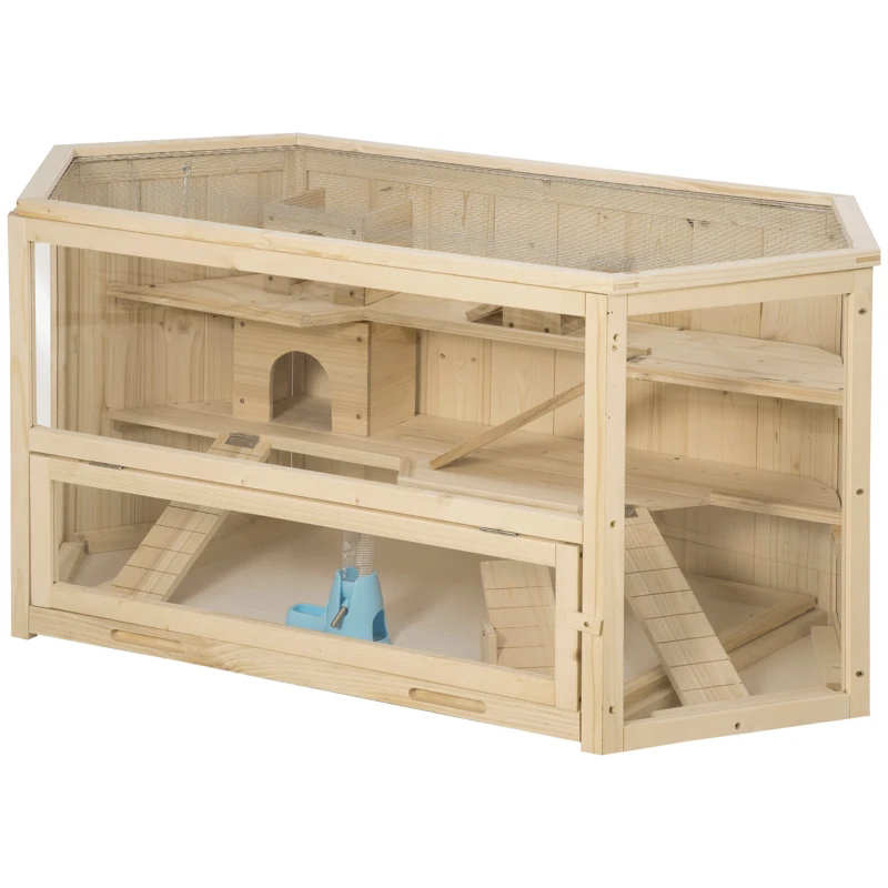 PawHut Cage à hamster à 3 niveaux bascules, fenêtres, cabanes, plateau coulissant, 115 x 60 x 55 cm, effet bois naturel