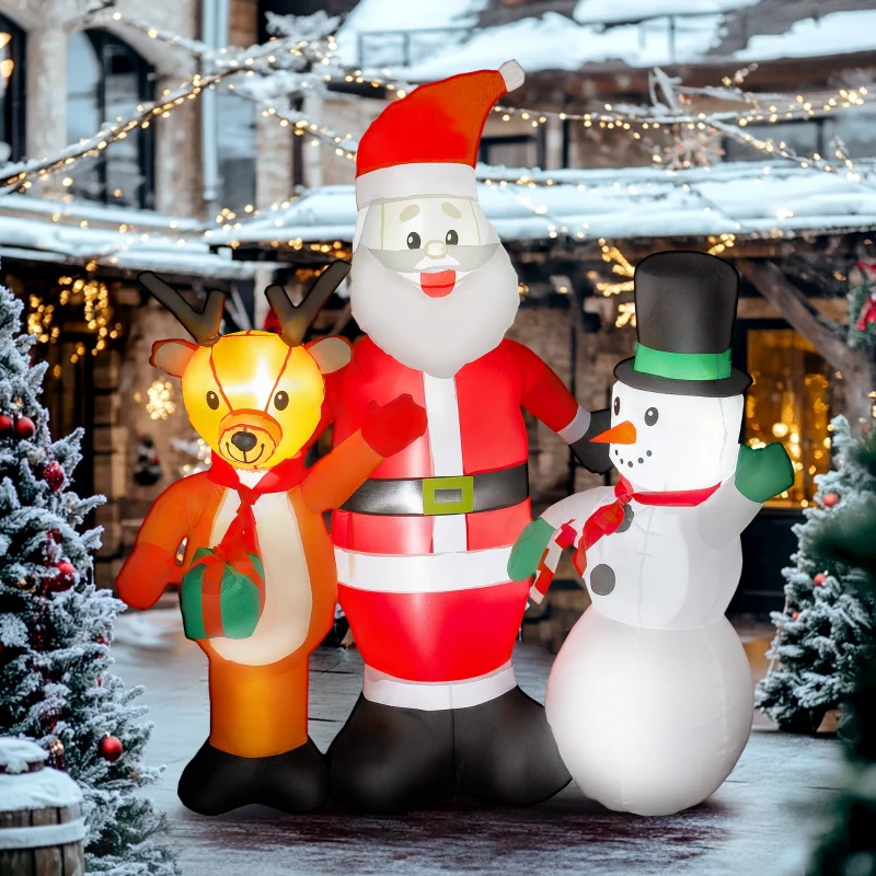 Outsunny Babbo Natale Gonfiabile alto 150 cm con Renna e Pupazzo di Neve, Luci LED e Gonfiatore Elettrico per Esterno
