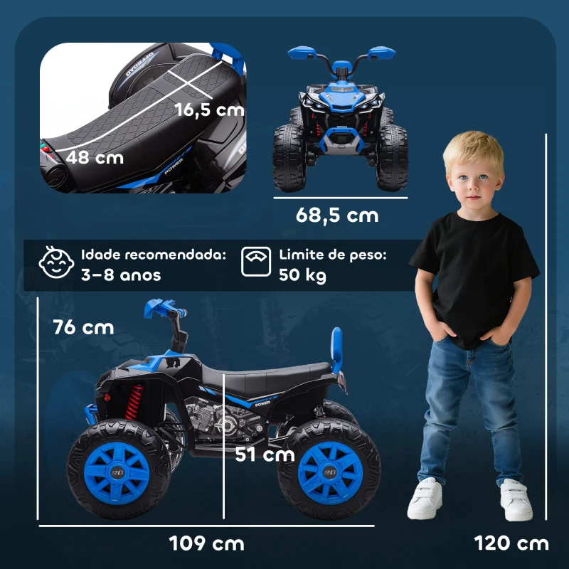AIYAPLAY Quadricilo Elétrico para Crianças 24V com 2 Lugares 2 Motores Velocidade até 6,5 km/h Faróis Buzina Música e USB 109x68,5x76 cm Azul