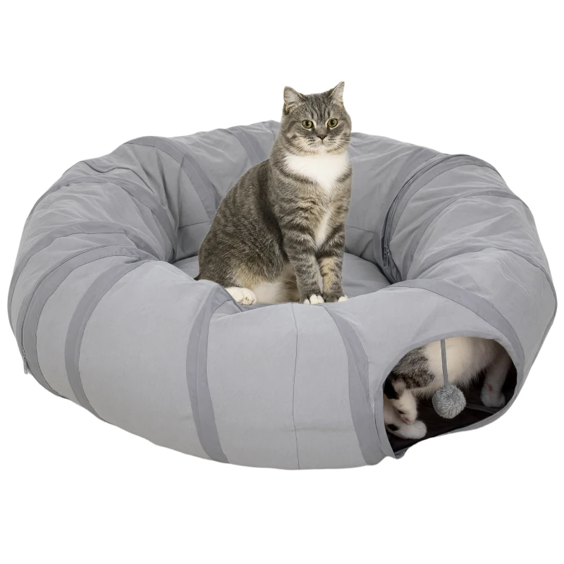PawHut Túnel para gato interior redondo con cama y cojín, plegable, con agujeros para bolas y mirilla, Ø 90 x 27 cm gris