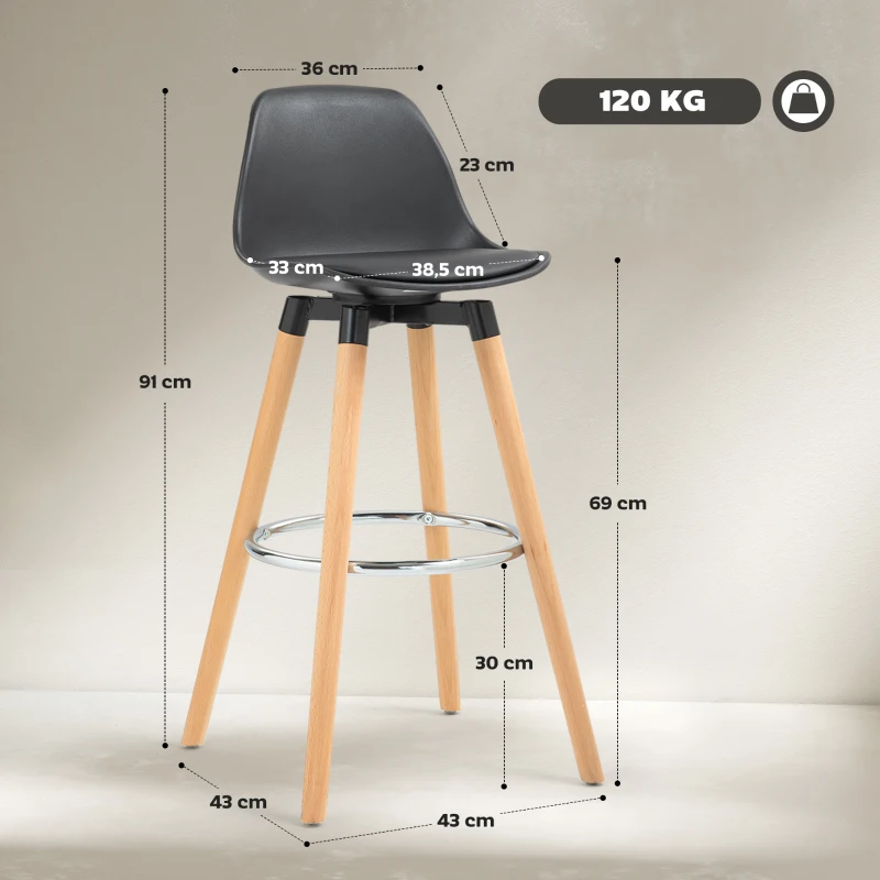 HOMCOM Conjunto de 2 Bancos de Bar Estofado em PU Bancos Altos de Cozinha com Pés de Madeira 38,5x42,5x91 cm Preto
