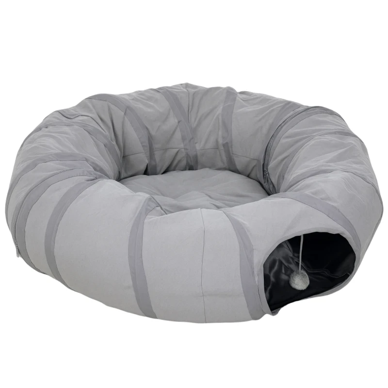 PawHut Túnel para gato interior redondo con cama y cojín, plegable, con agujeros para bolas y mirilla, Ø 90 x 27 cm gris