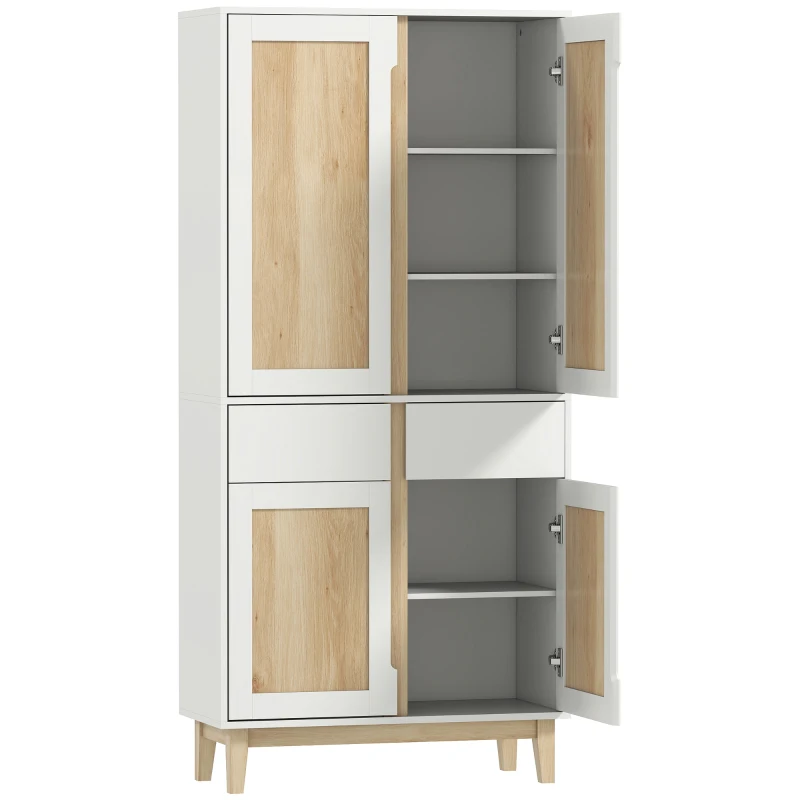 HOMCOM Küchen-Hochschrank, Küchenschrank mit 4 Türen, 2 Schubladen und verstellbaren Regalen, 80x35x170cm, Weiß und Eiche