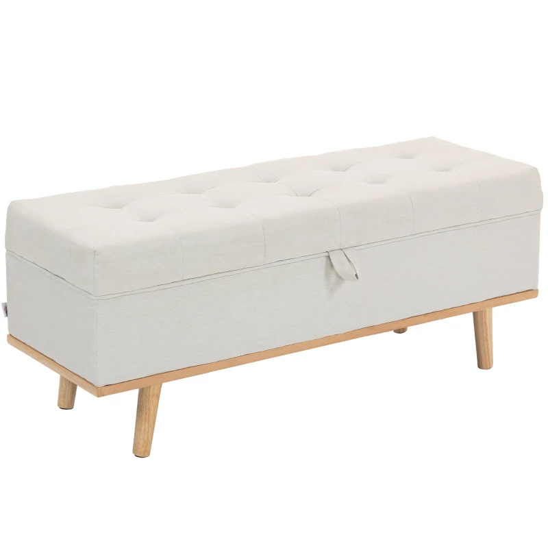 HOMCOM Banc Coffre de 80L Rembourré avec Revêtement en Tissu et Pieds en Bois, 118x42x45 cm, Crème