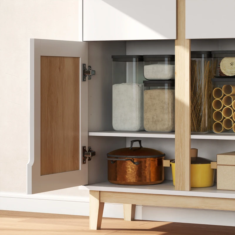 HOMCOM Buffet alto de cocina, armario de cocina con 4 puertas, 2 cajones y estantes ajustables, 80x35x170cm, blanco y roble