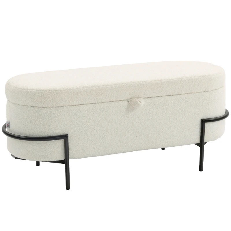 HOMCOM Taburete de Almacenamiento, Taburete con Tapa y Almacenamiento, Patas de Acero, Taburete Acolchado con Forro de Lana, Blanco Crema