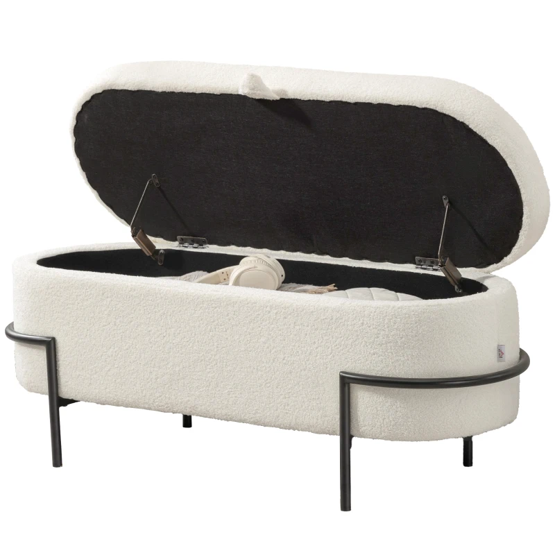 HOMCOM Tabouret de rangement, Tabouret rembourré avec couvercle et espace de rangement, Pieds en acier, Tabouret rembourré avec revêtement en Fleece, Blanc crème