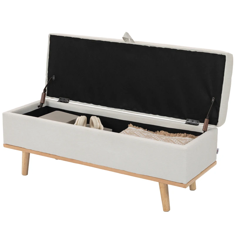 HOMCOM Banc Coffre de 80L Rembourré avec Revêtement en Tissu et Pieds en Bois, 118x42x45 cm, Crème