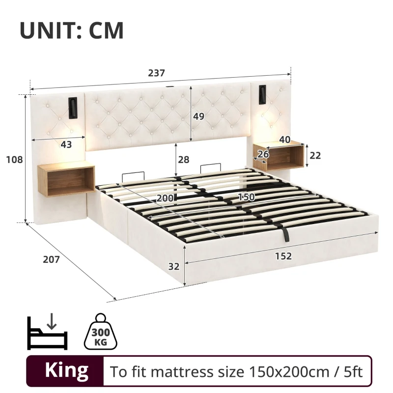 King Bed Frame with Charging Station and Reading Light, Upholstered Bed with Button Tufted Headboard, 207L x 237W x 108H cm, Beige