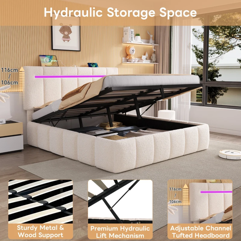 Double Upholstered Bed Frame with Hydraulic Storage and Charging Station, LED Headboard for Modern Homes, 193L x 144W x 116H cm, Beige